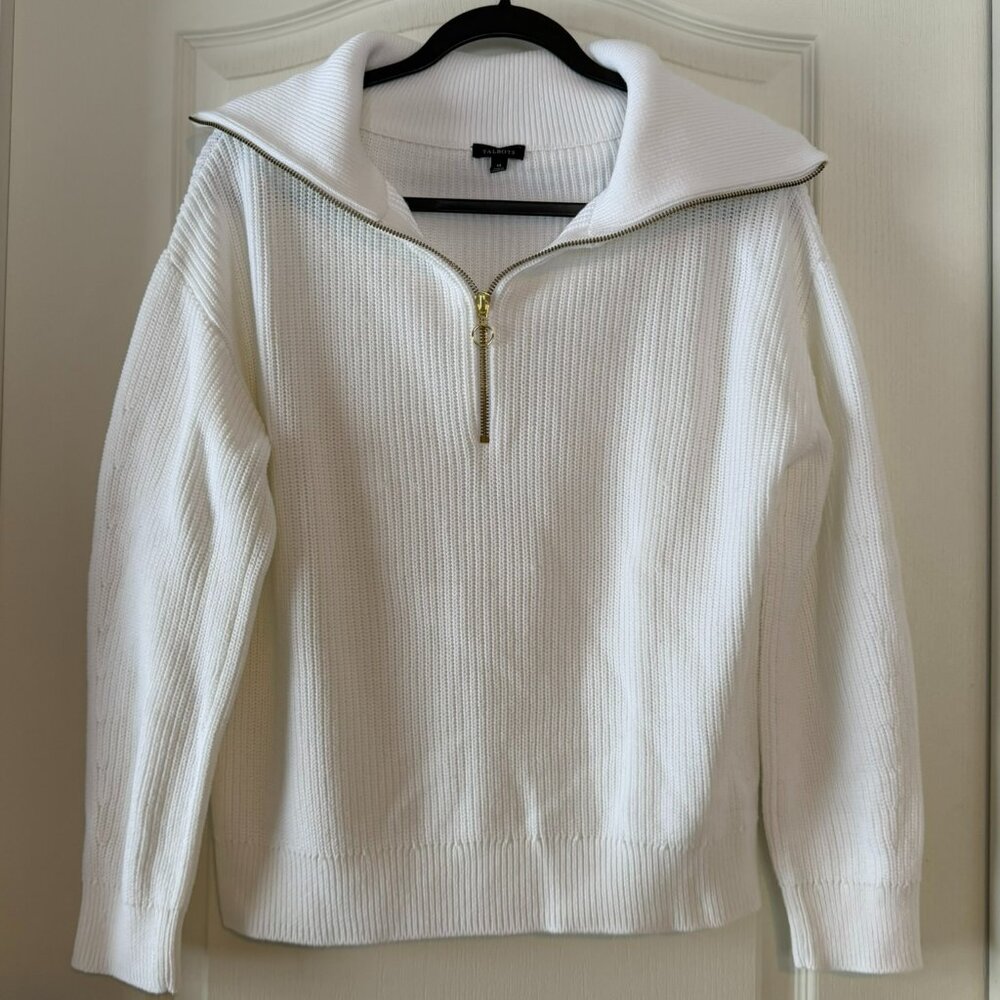 Talbots Half Zip Sailor Collar White Ribbed Knit Sweater Size M EUC